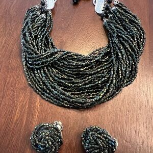 Vintage Iridescent Seed Bead Twist Necklace and Clip Earring Set